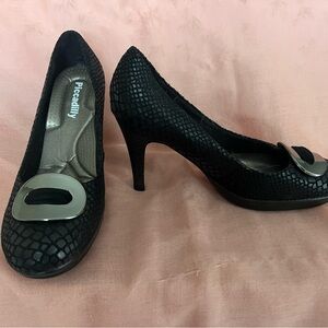Piccadilly heels, imitation snakeskin upper with silver buckle embellishment.